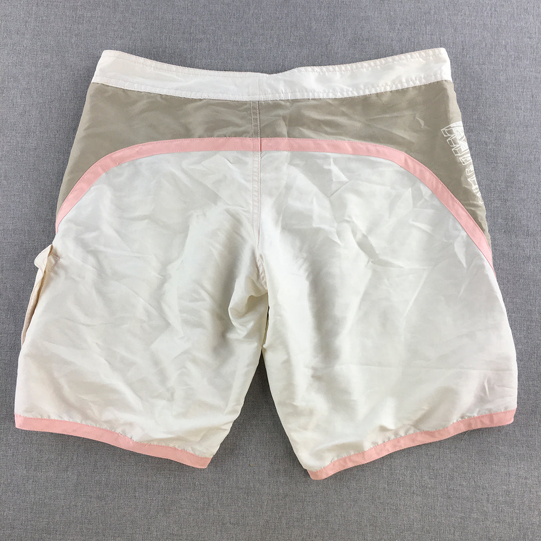 Maui Girl Womens Board Shorts Size 10 White Pink Drawstring Surf Swim Boardies