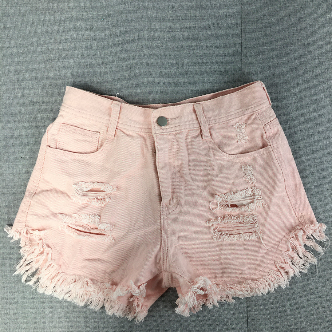 NEW Valleygirl Womens Denim Shorts Size 8 Pink Distressed Bermuda Raw Hem