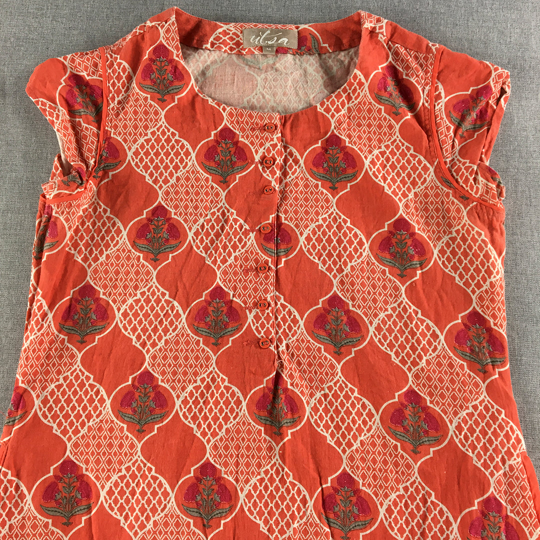 Utia Womens Dress Size M Orange Floral Midi Sleeveless A-Line