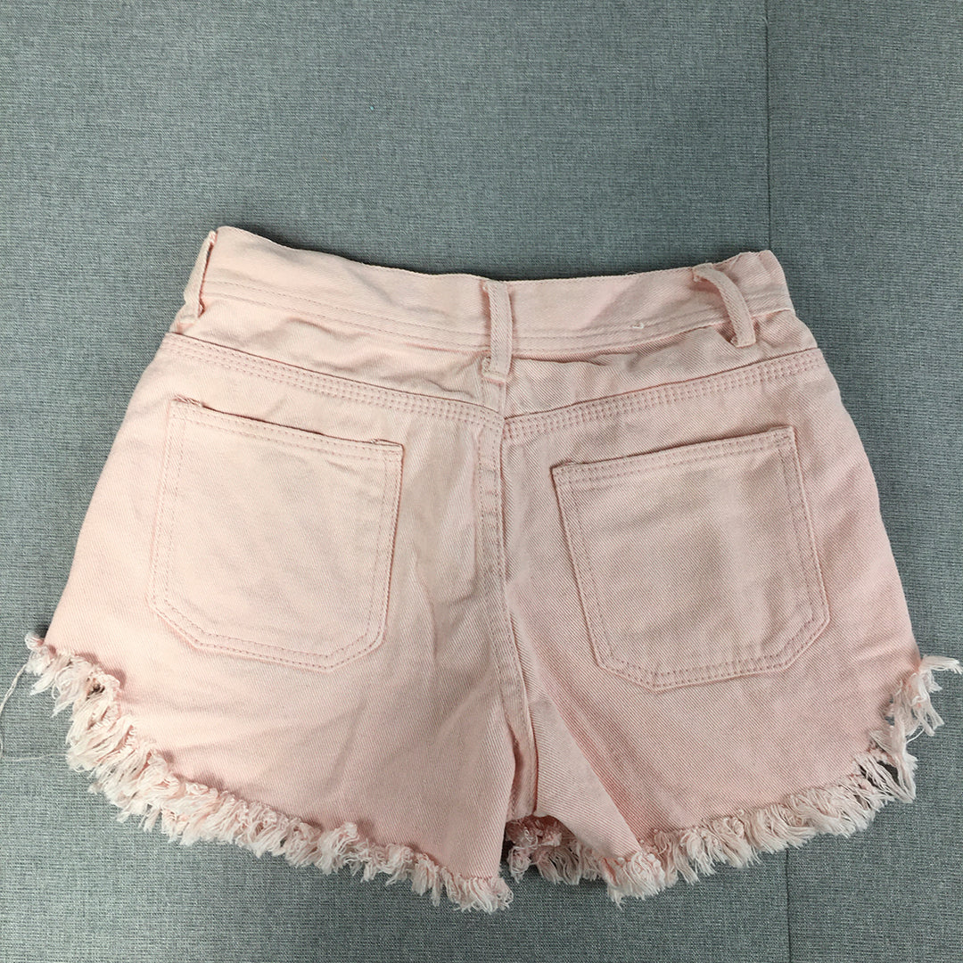 NEW Valleygirl Womens Denim Shorts Size 8 Pink Distressed Bermuda Raw Hem