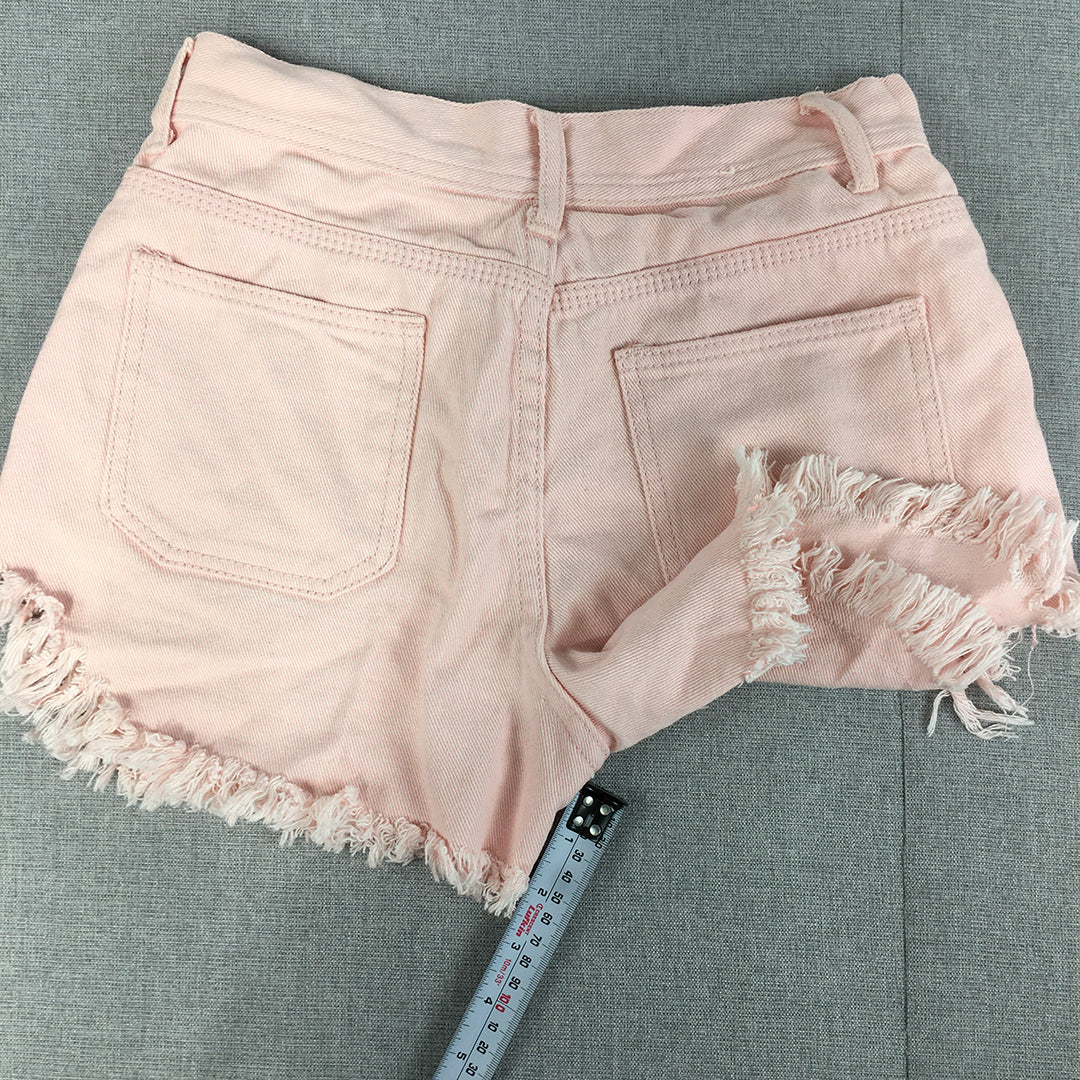 NEW Valleygirl Womens Denim Shorts Size 8 Pink Distressed Bermuda Raw Hem