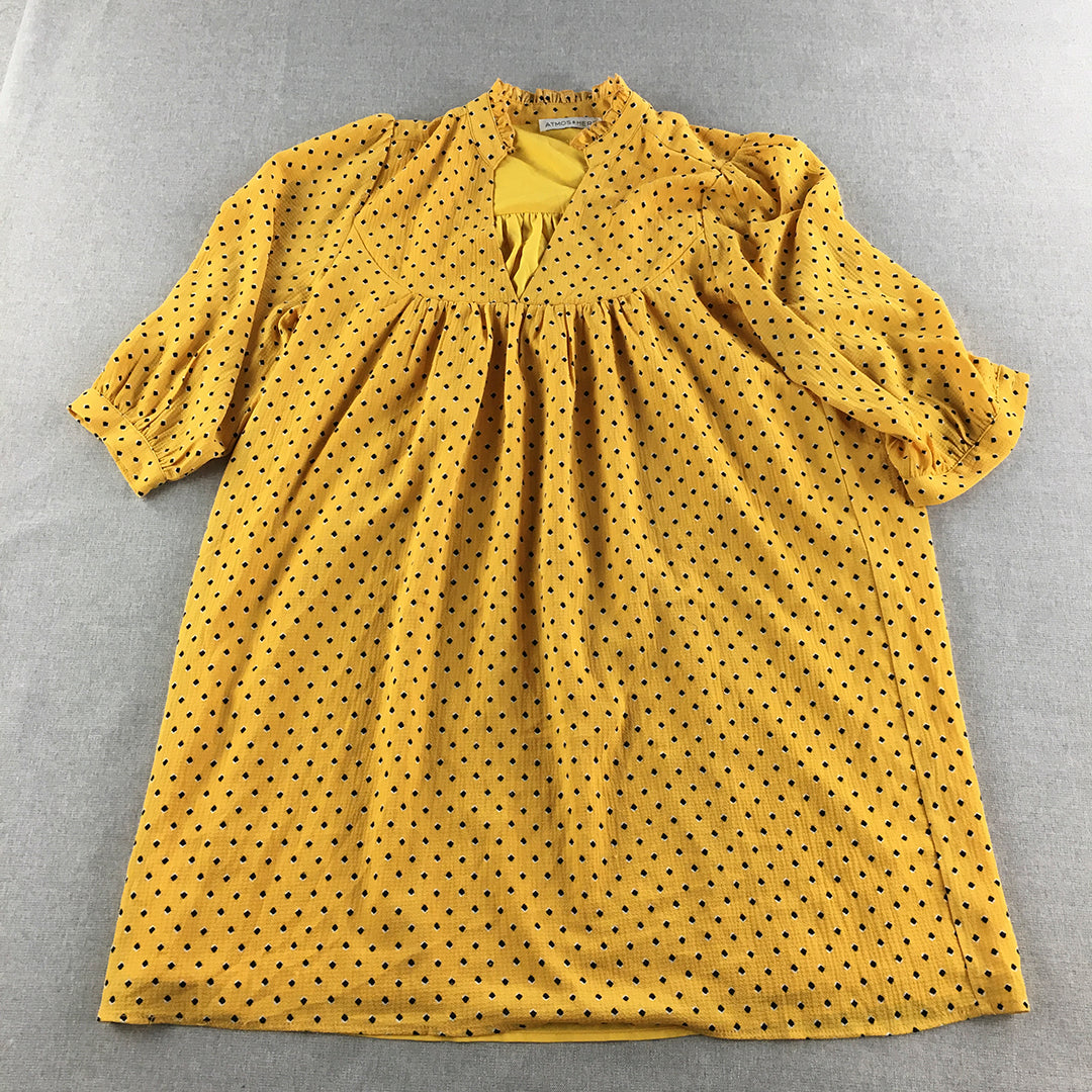 Atmos & Here Womens Mini Dress Size 10 Yellow Dot Pattern Short Sleeve