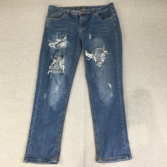 RT Womens Boyfriend Jeans Size 12 (W34 x L27) Blue Holes Distressed Denim