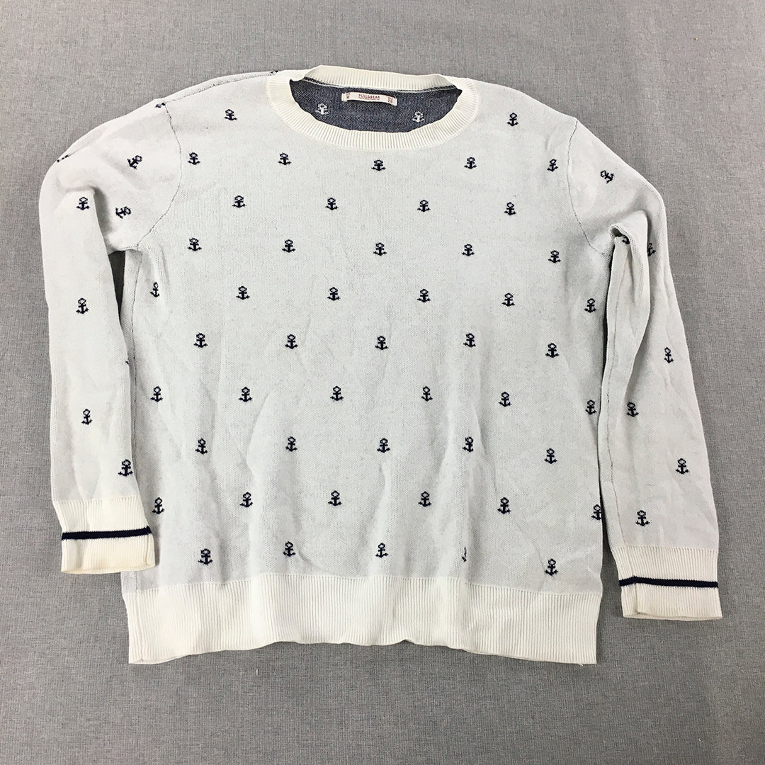 Pull & Bear Womens Knit Sweater Size M White Anchor Pattern Pullover Jumper