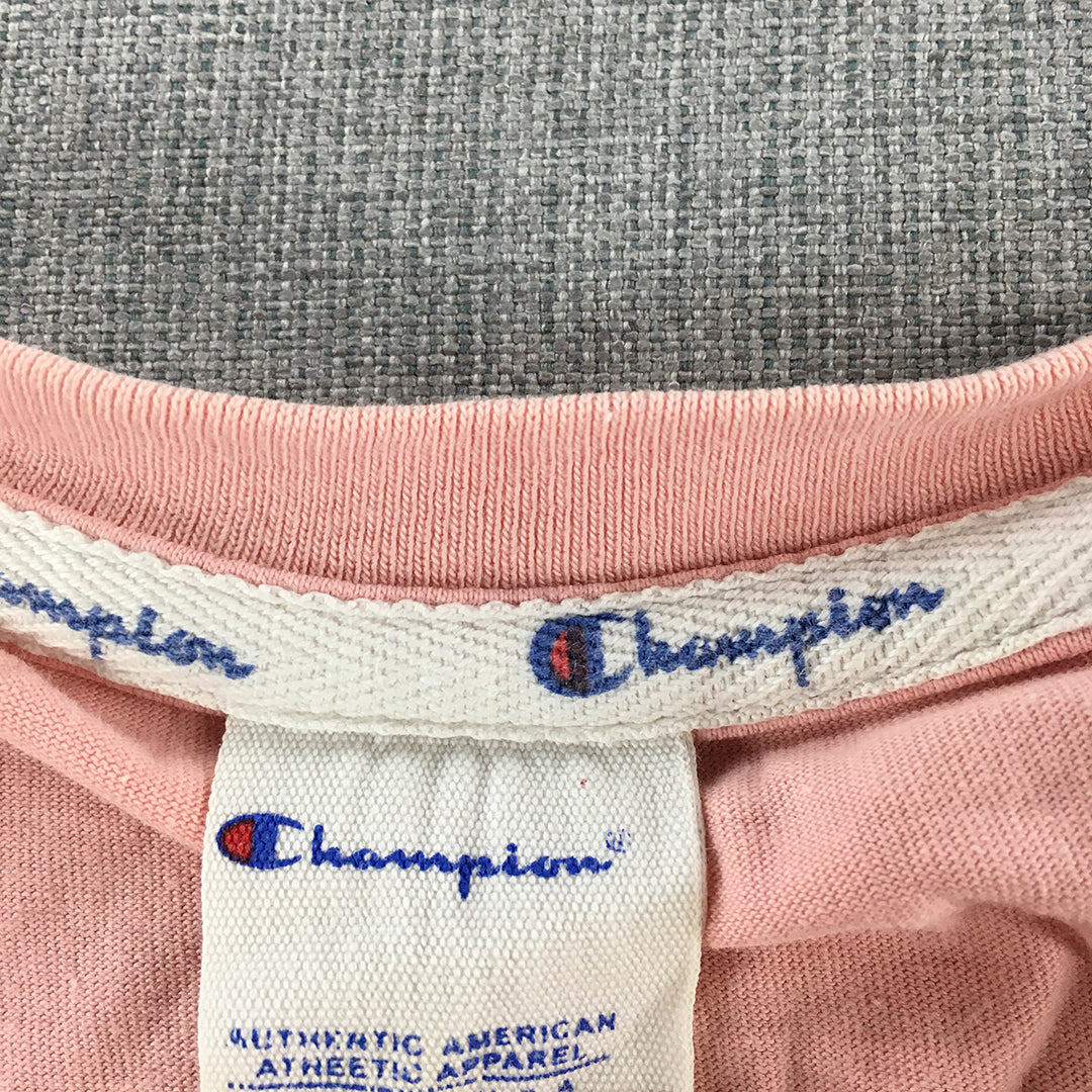 Champion Womens T-Shirt Size S Pink Big Embroidered Logo Crew Neck Top