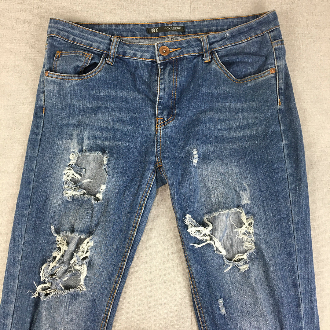 RT Womens Boyfriend Jeans Size 12 (W34 x L27) Blue Holes Distressed Denim