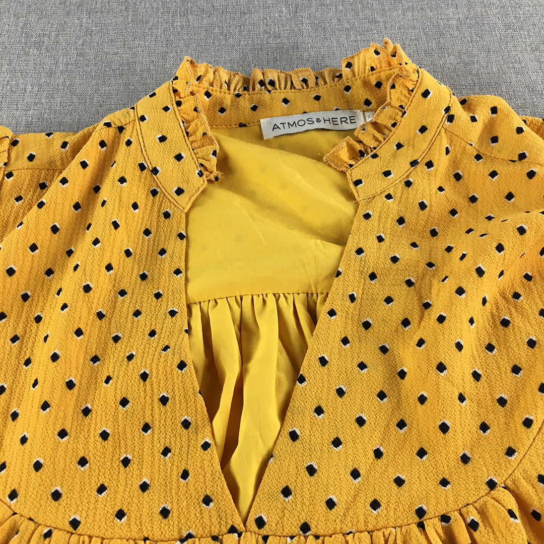 Atmos & Here Womens Mini Dress Size 10 Yellow Dot Pattern Short Sleeve