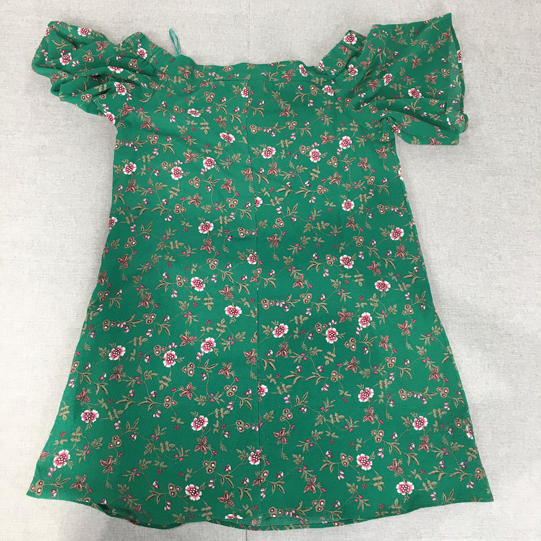 Valleygirl Womens Mini Dress Size 10 Green Floral Short Sleeve A-Line