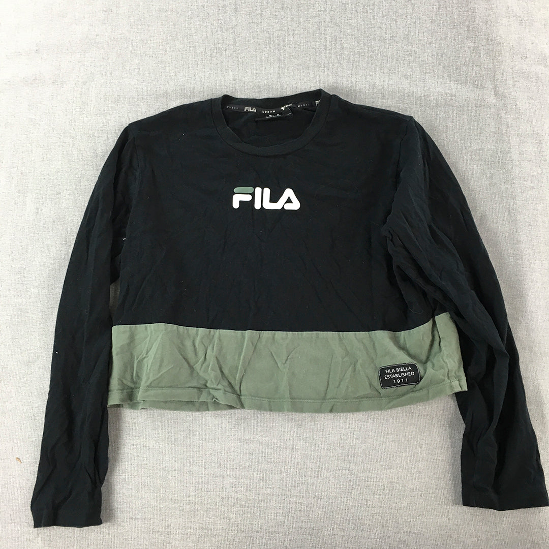 FILA Womens Sweater Size 14 Black Green Logo Crew Neck Cropped Jumper