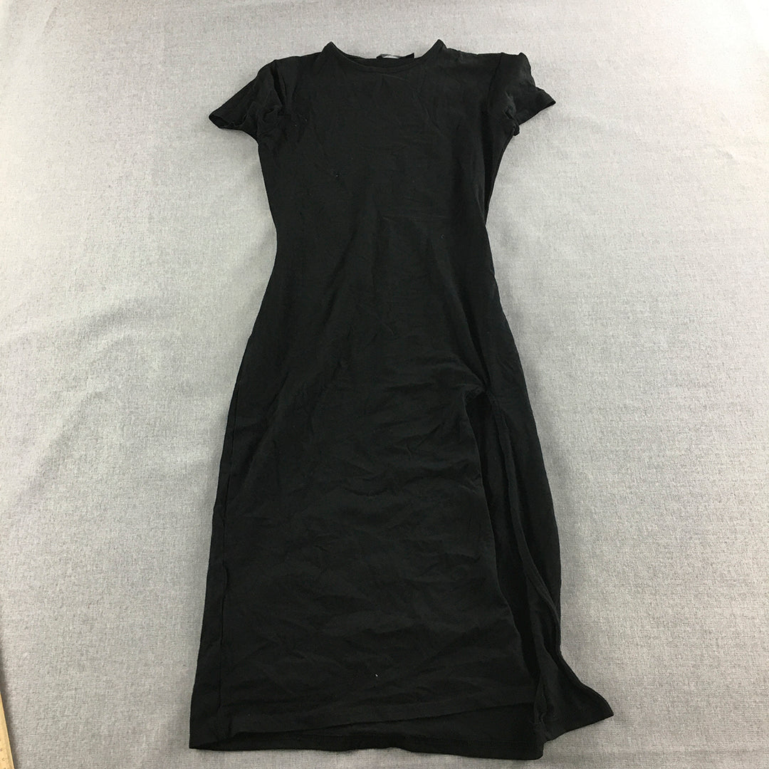 Boohoo Womens Dress Size 8 Black Short Sleeve Midi Stretch Fabric