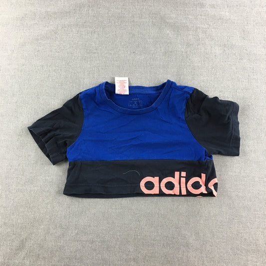 Adidas Kids Girls Cropped Top Size 7 - 8 Years Blue Logo Short Sleeve Top