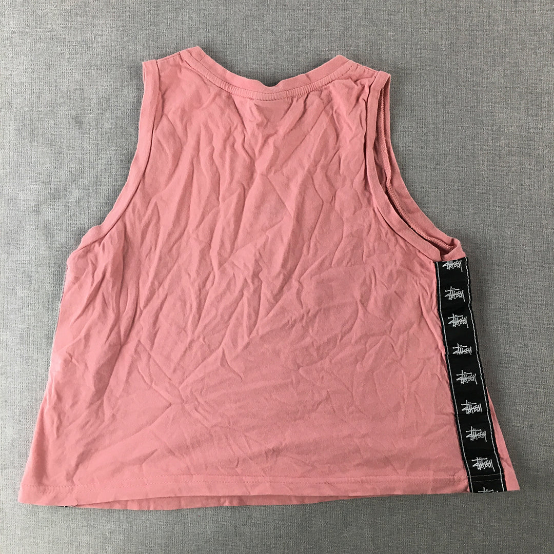 Stussy Womens Tank Top Size 8 Pink Sleeveless Embroidered Logo Shirt