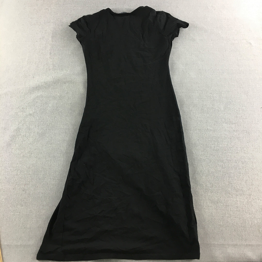 Boohoo Womens Dress Size 8 Black Short Sleeve Midi Stretch Fabric