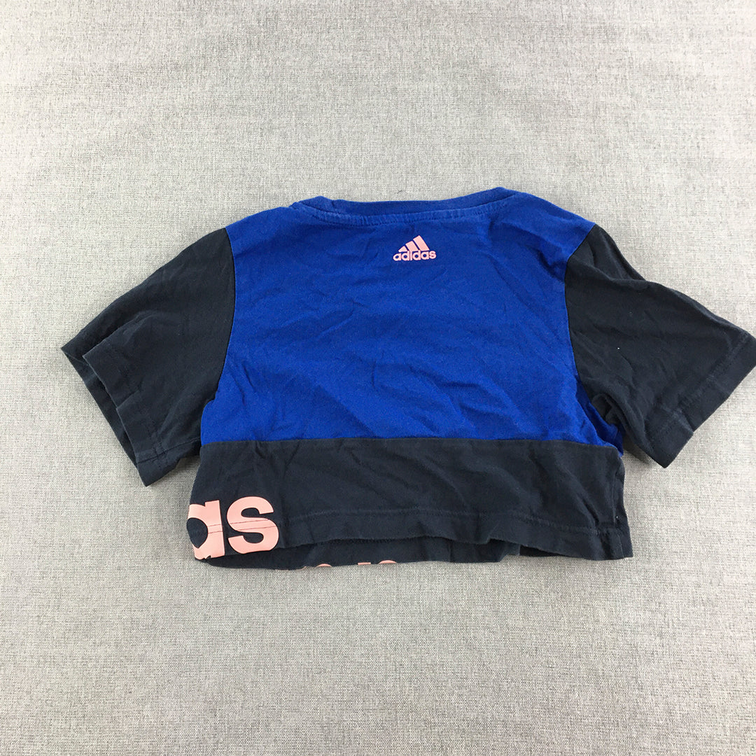 Adidas Kids Girls Cropped Top Size 7 - 8 Years Blue Logo Short Sleeve Top