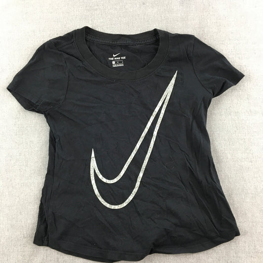 Nike Kids Girls T-Shirt Youth Size M Black Big Swoosh Logo Top