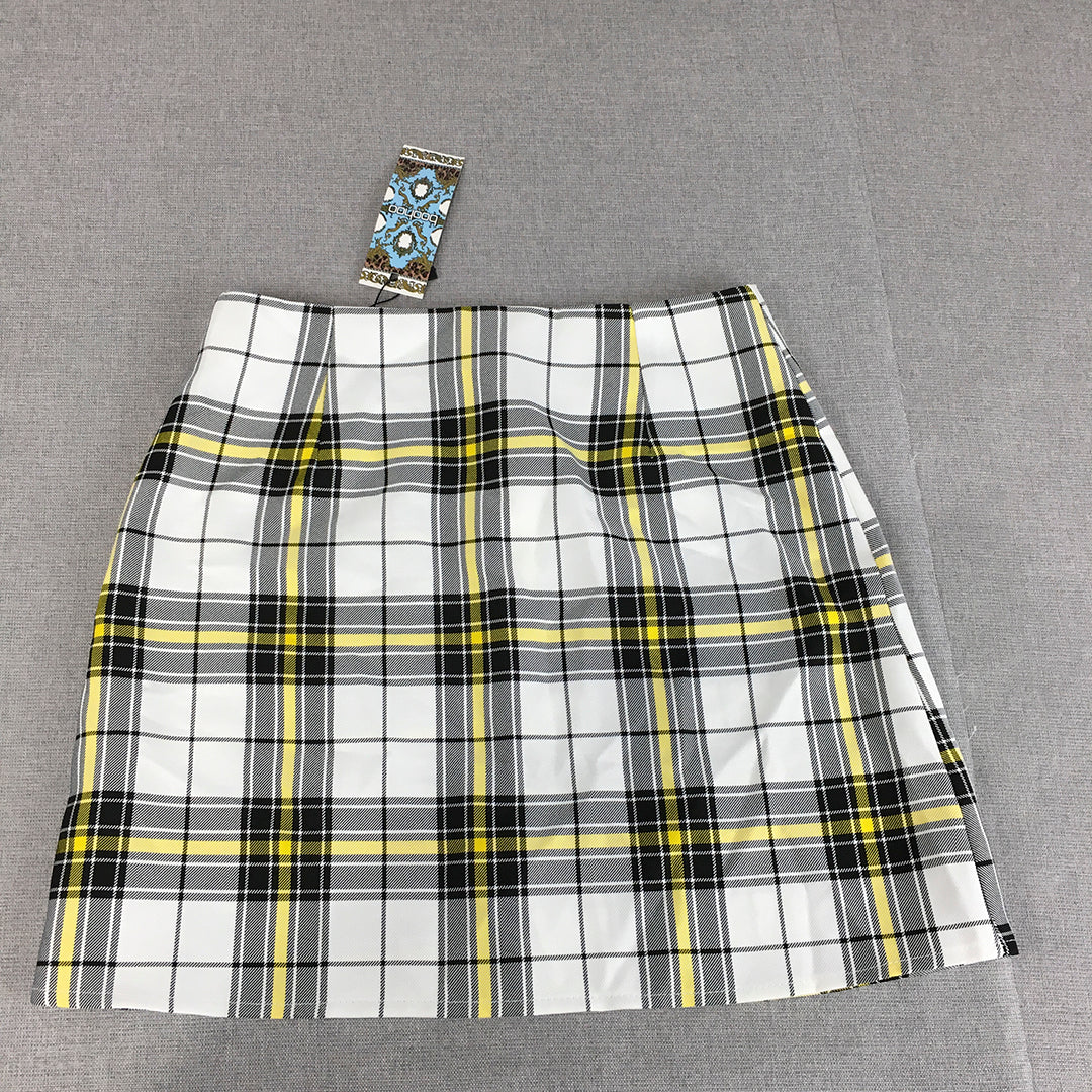 NEW Boohoo Petite Womens Mini Skirt Size 8 White Yellow Checkered