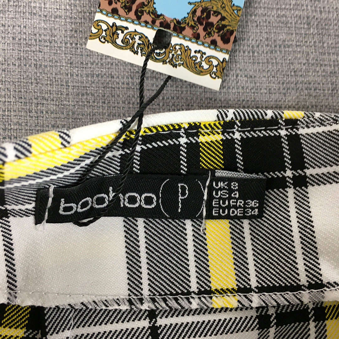 NEW Boohoo Petite Womens Mini Skirt Size 8 White Yellow Checkered