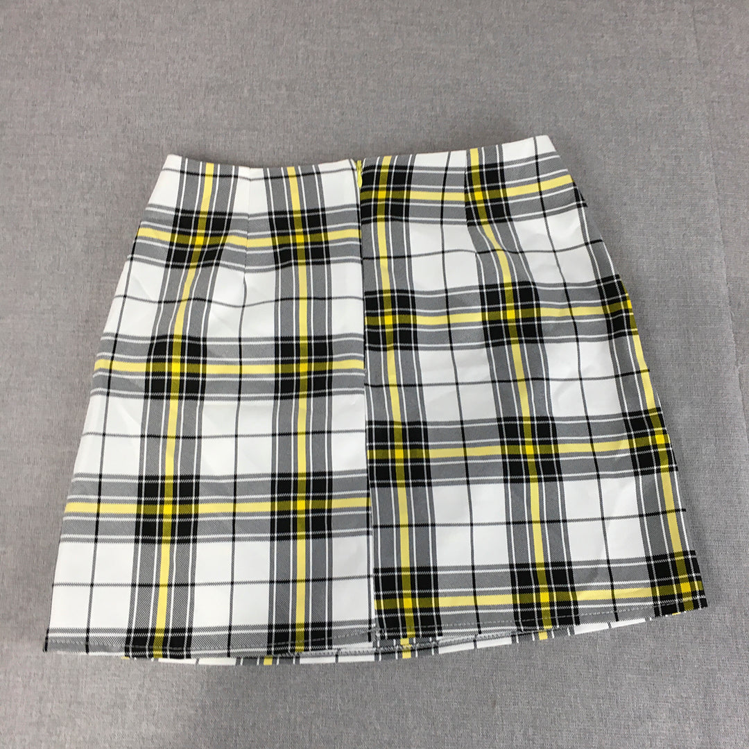 NEW Boohoo Petite Womens Mini Skirt Size 8 White Yellow Checkered