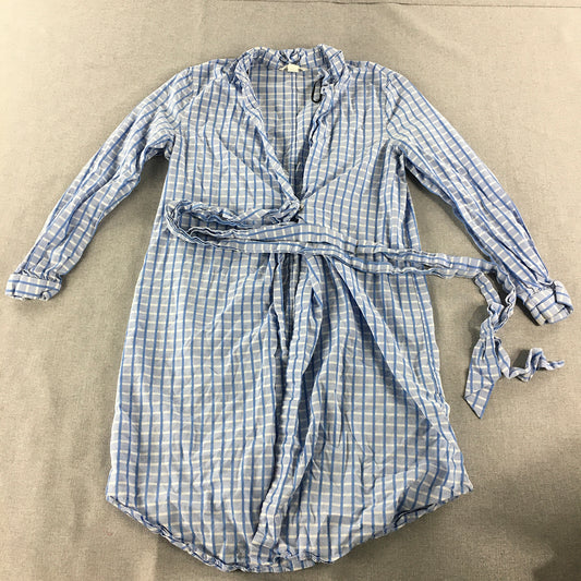 H&M Womens Shirt Dress Size 6 Blue Checkered Button Up Belted Long Sleeve