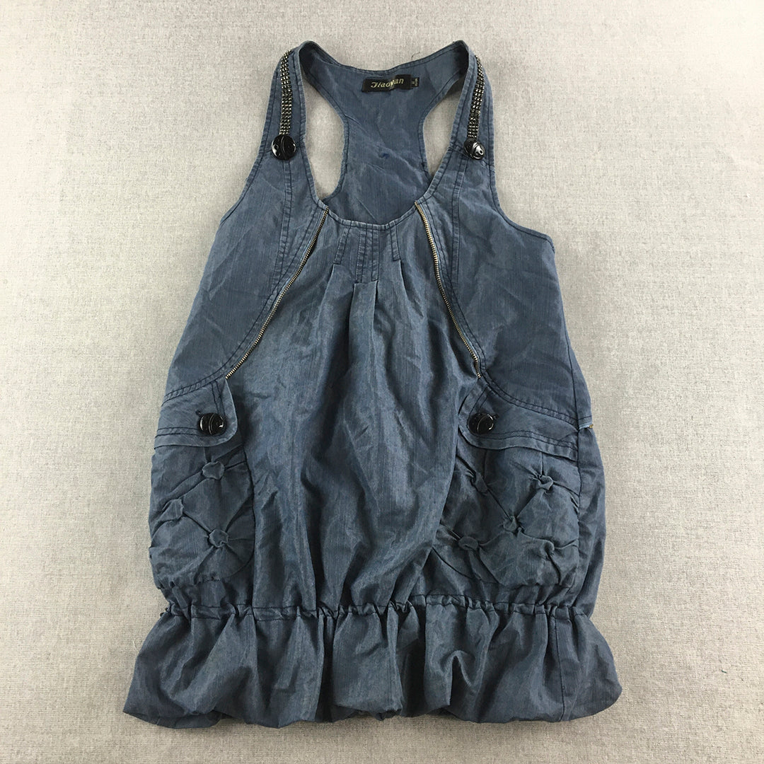 Jiaoyan Womens Denim Mini Dress Size M Blue Sleeveless Tank Silver Chain Accent