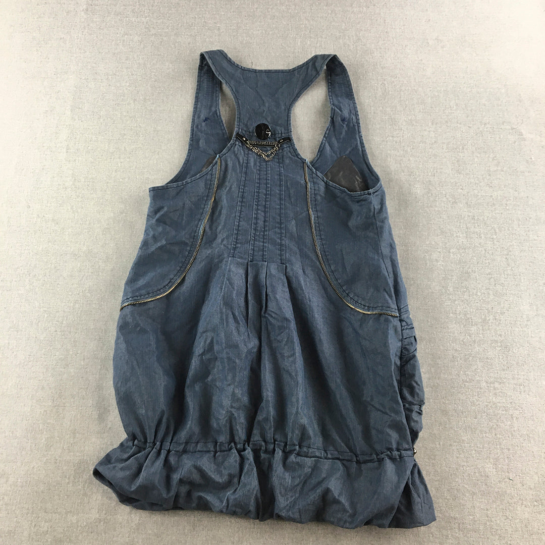 Jiaoyan Womens Denim Mini Dress Size M Blue Sleeveless Tank Silver Chain Accent