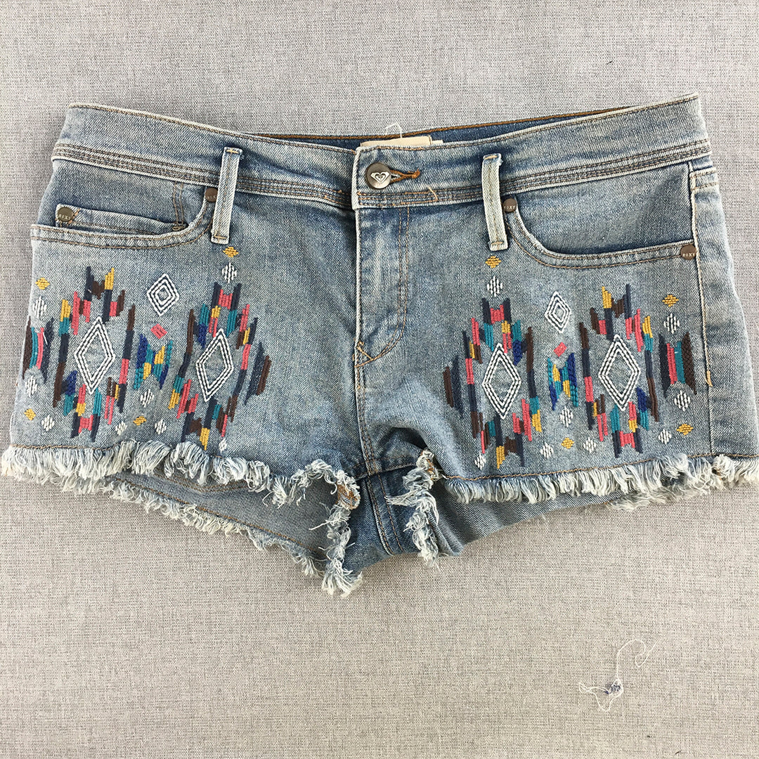 Roxy Womens Denim Shorts Size 9 Blue Aztec Embroidered Distressed Hem Y2K