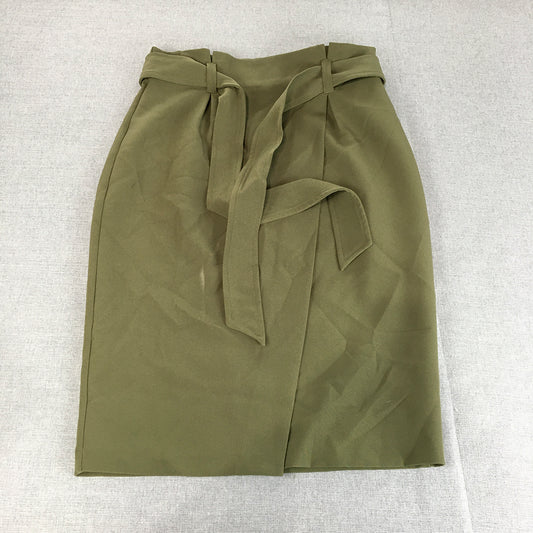 Forcast Womens Skirt Size 12 Khaki Green Belted Midi Straight