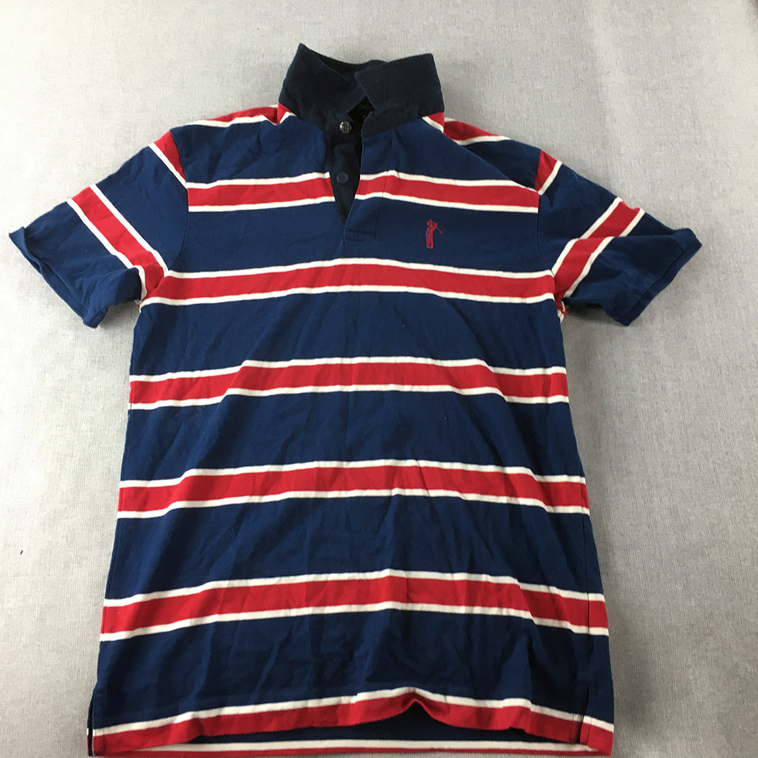 Farenheit Mens Golf Shirt Size XL Slim Fit Red Blue Striped Collared Rugby