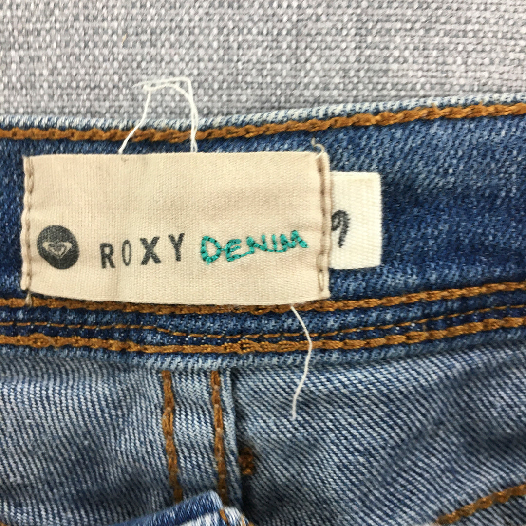 Roxy Womens Denim Shorts Size 9 Blue Aztec Embroidered Distressed Hem Y2K