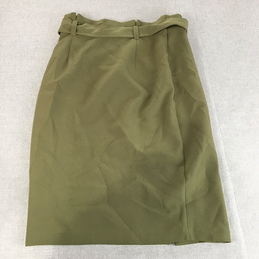 Forcast Womens Skirt Size 12 Khaki Green Belted Midi Straight