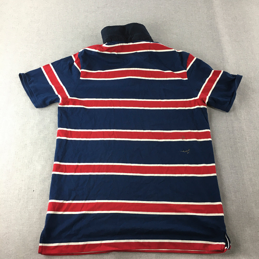 Farenheit Mens Golf Shirt Size XL Slim Fit Red Blue Striped Collared Rugby