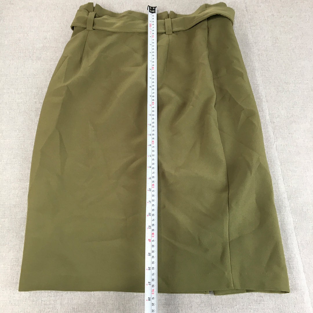 Forcast Womens Skirt Size 12 Khaki Green Belted Midi Straight