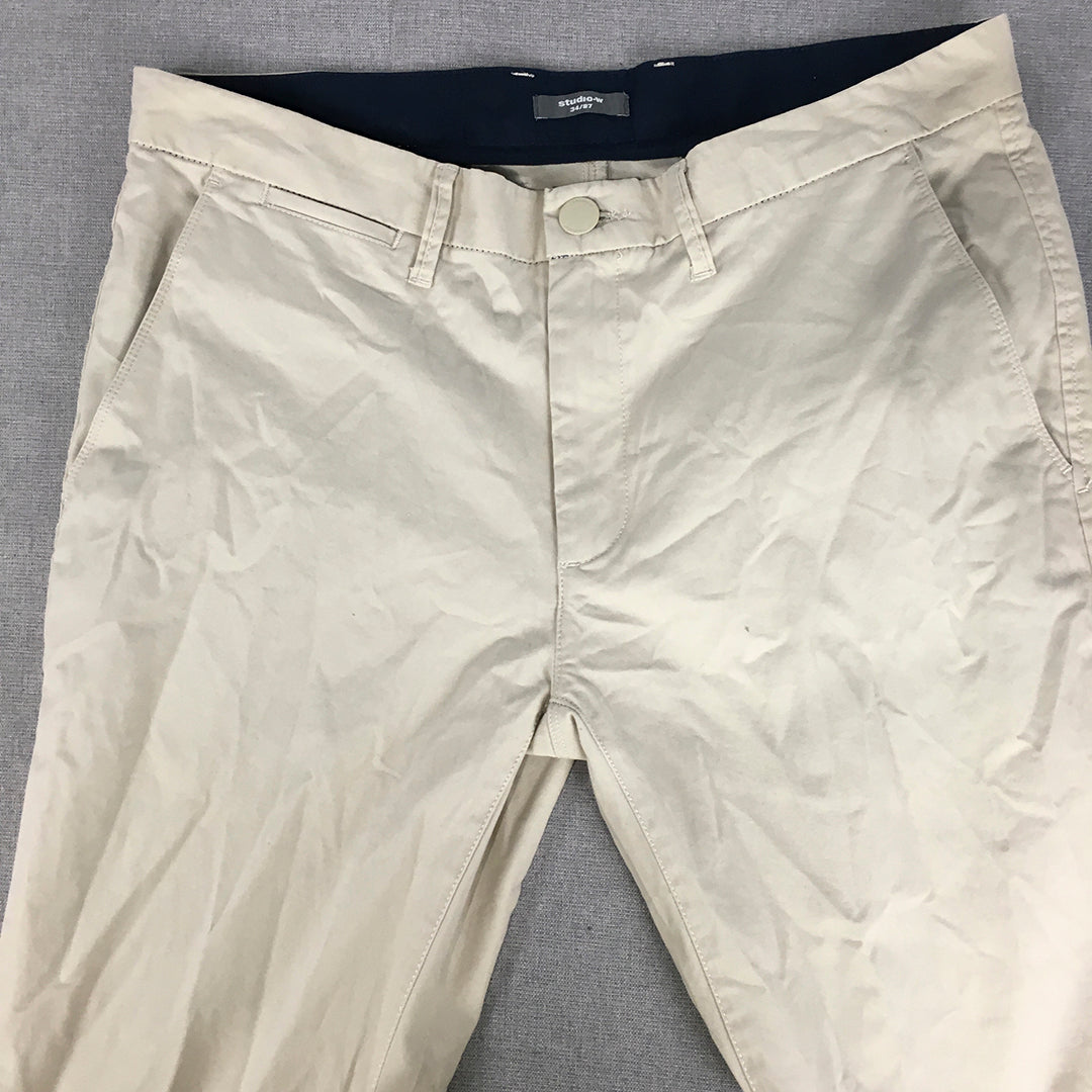 Studio W Mens Chino Pants Size 34 (W34 x L33) Cream Beige Slim Fit Pockets