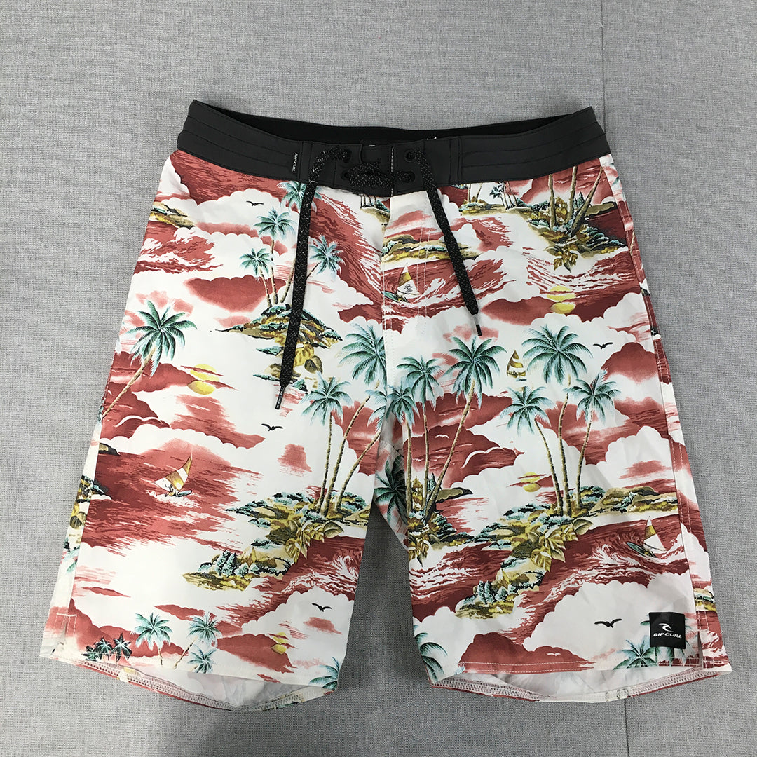 Rip Curl Mirage Mens Board Shorts Size 28 White Red Aloha Hawaiian Surf Swim