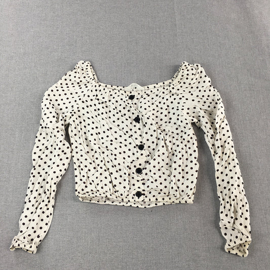 H&M Kids Girls Top Size 12 - 13 Years White Polka Dot Long Sleeve Cropped Blouse