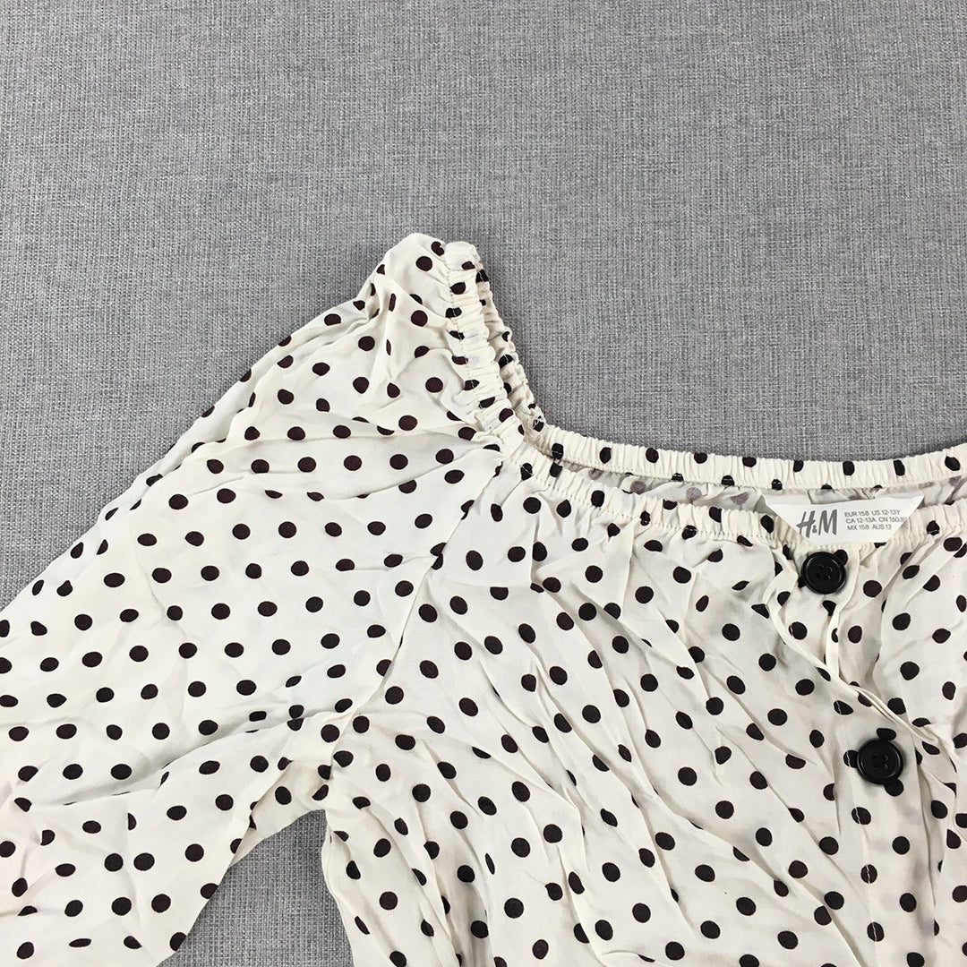 H&M Kids Girls Top Size 12 - 13 Years White Polka Dot Long Sleeve Cropped Blouse