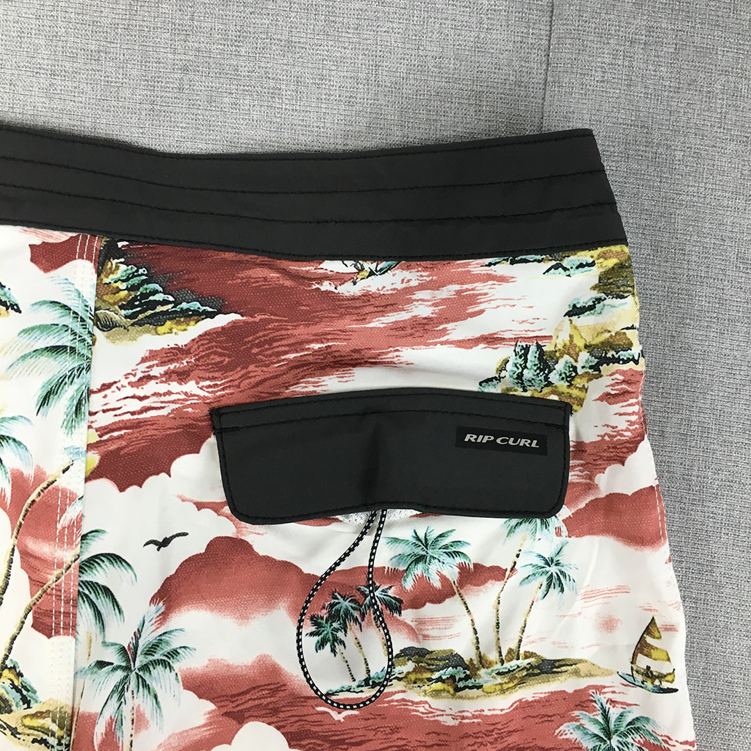 Rip Curl Mirage Mens Board Shorts Size 28 White Red Aloha Hawaiian Surf Swim