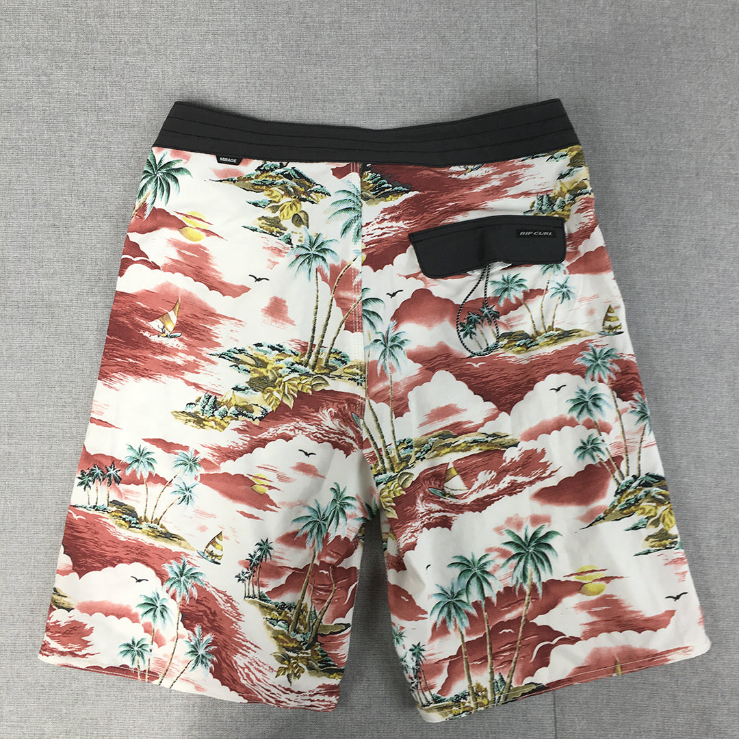 Rip Curl Mirage Mens Board Shorts Size 28 White Red Aloha Hawaiian Surf Swim