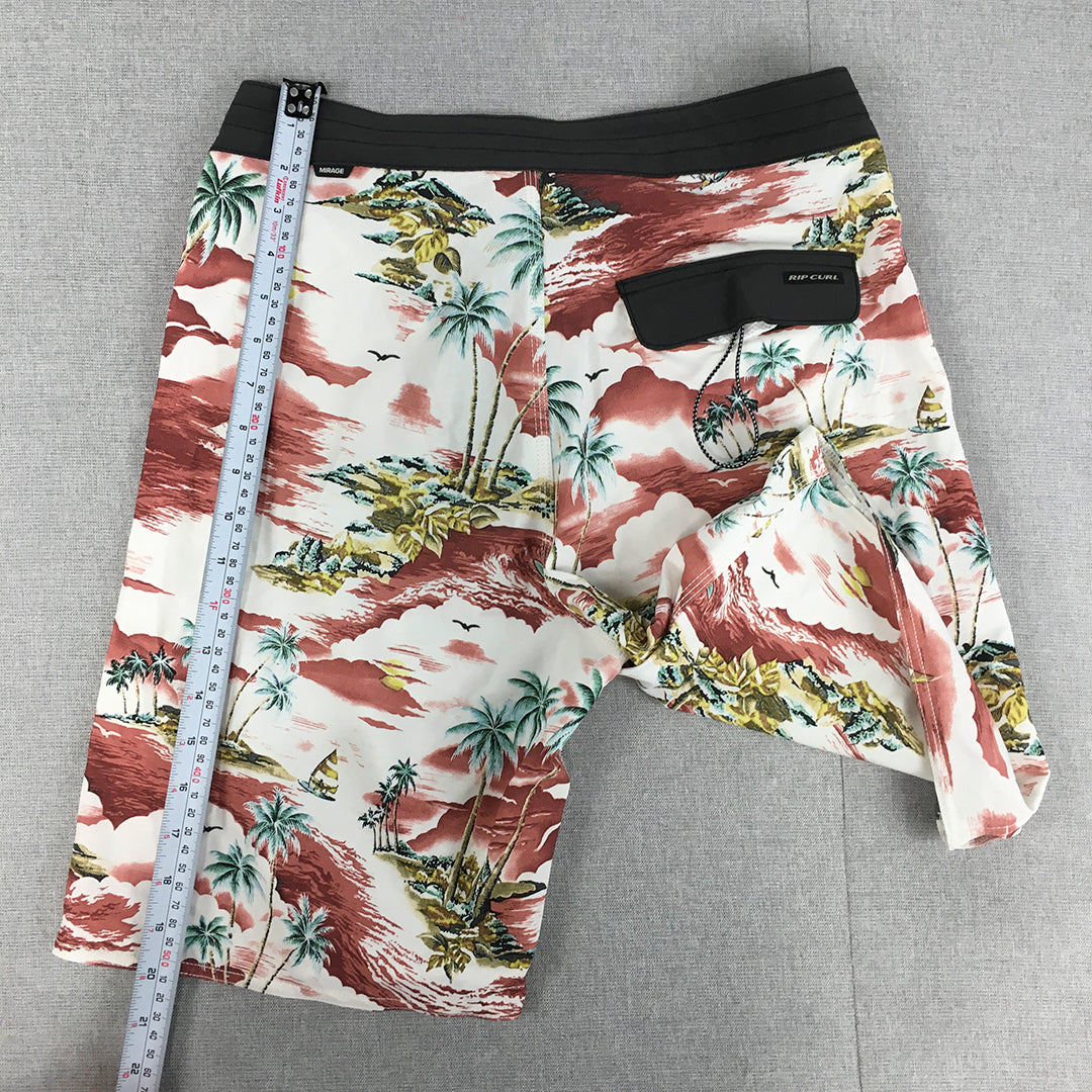 Rip Curl Mirage Mens Board Shorts Size 28 White Red Aloha Hawaiian Surf Swim