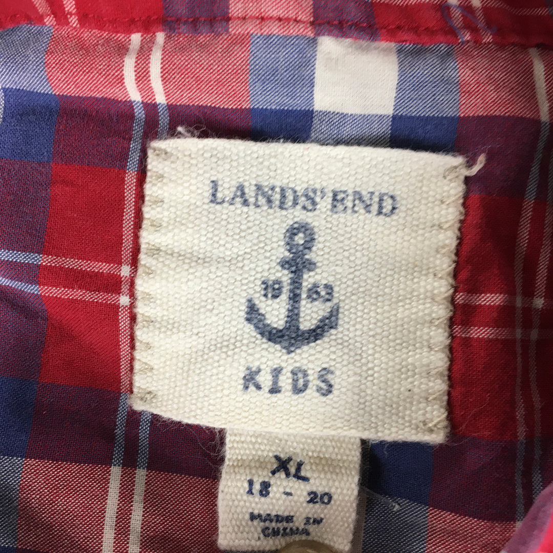 Lands End Kids Boys Shirt Youth Size XL Red Checkered Long Sleeve Button-Up