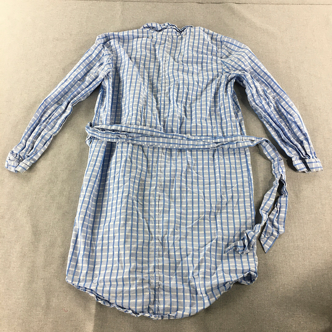 H&M Womens Shirt Dress Size 6 Blue Checkered Button Up Belted Long Sleeve