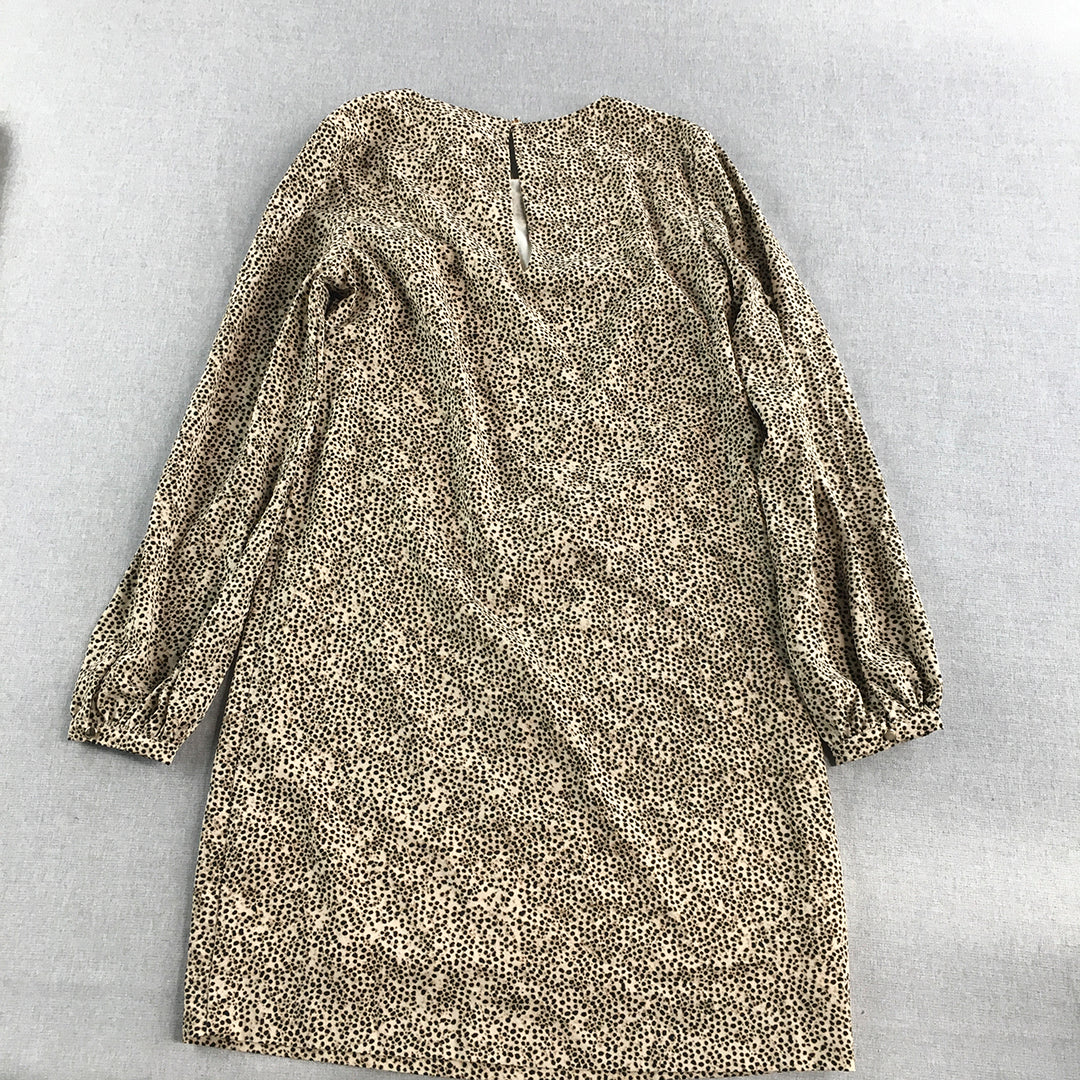 H&M Womens Mini Dress Size 6 Brown Dot Long Sleeve Round Neck