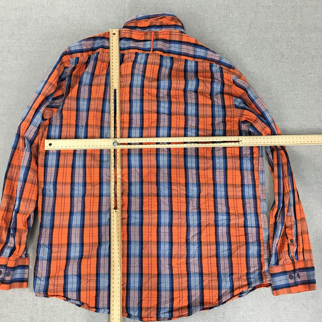 Izod Mens Shirt Size L Orange Checkered Long Sleeve Button-Up