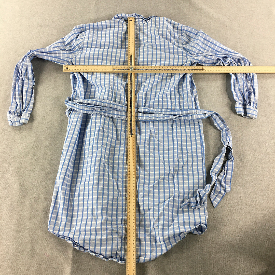 H&M Womens Shirt Dress Size 6 Blue Checkered Button Up Belted Long Sleeve