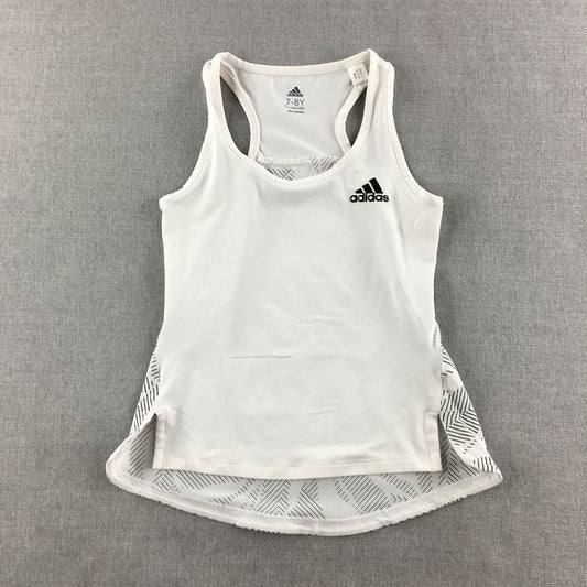 Adidas Kids Girls Tank Top Size 7 - 8 Years White Logo Sleeveless Singlet Shirt