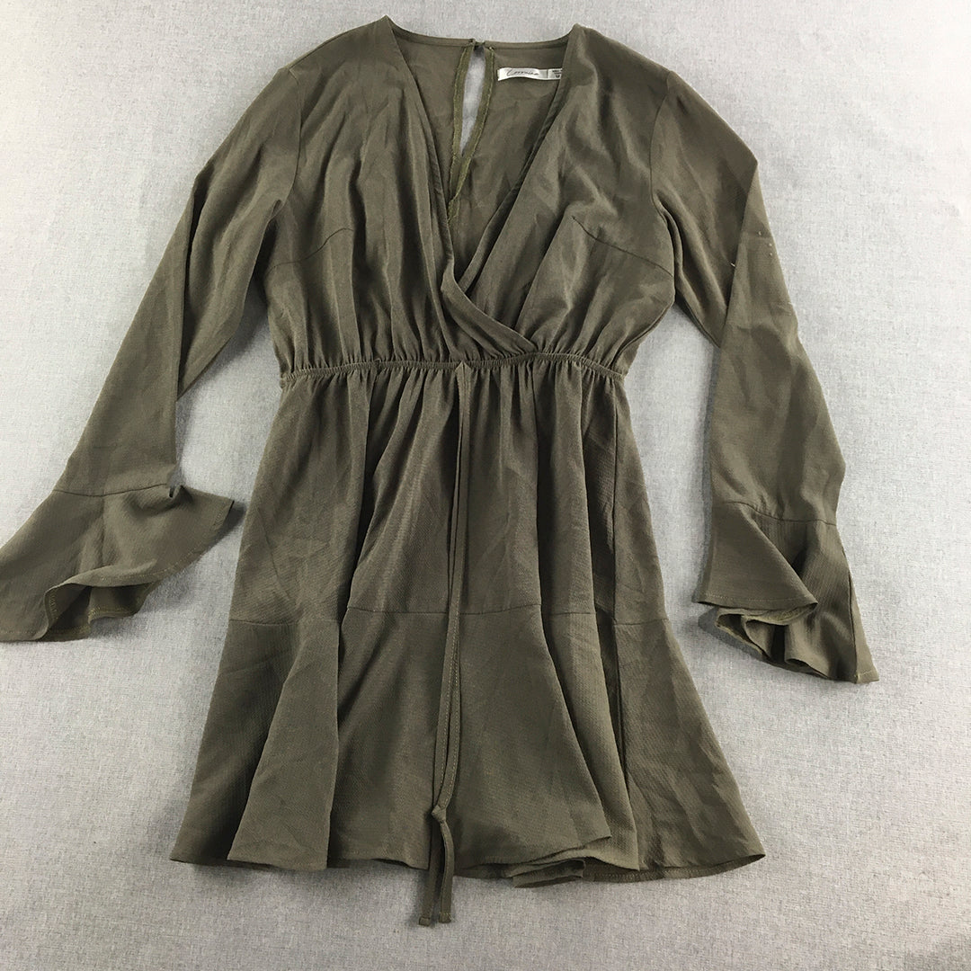 Lorraine Womens Mini Dress Size 12 Green Long Sleeve V-Neck Pleated