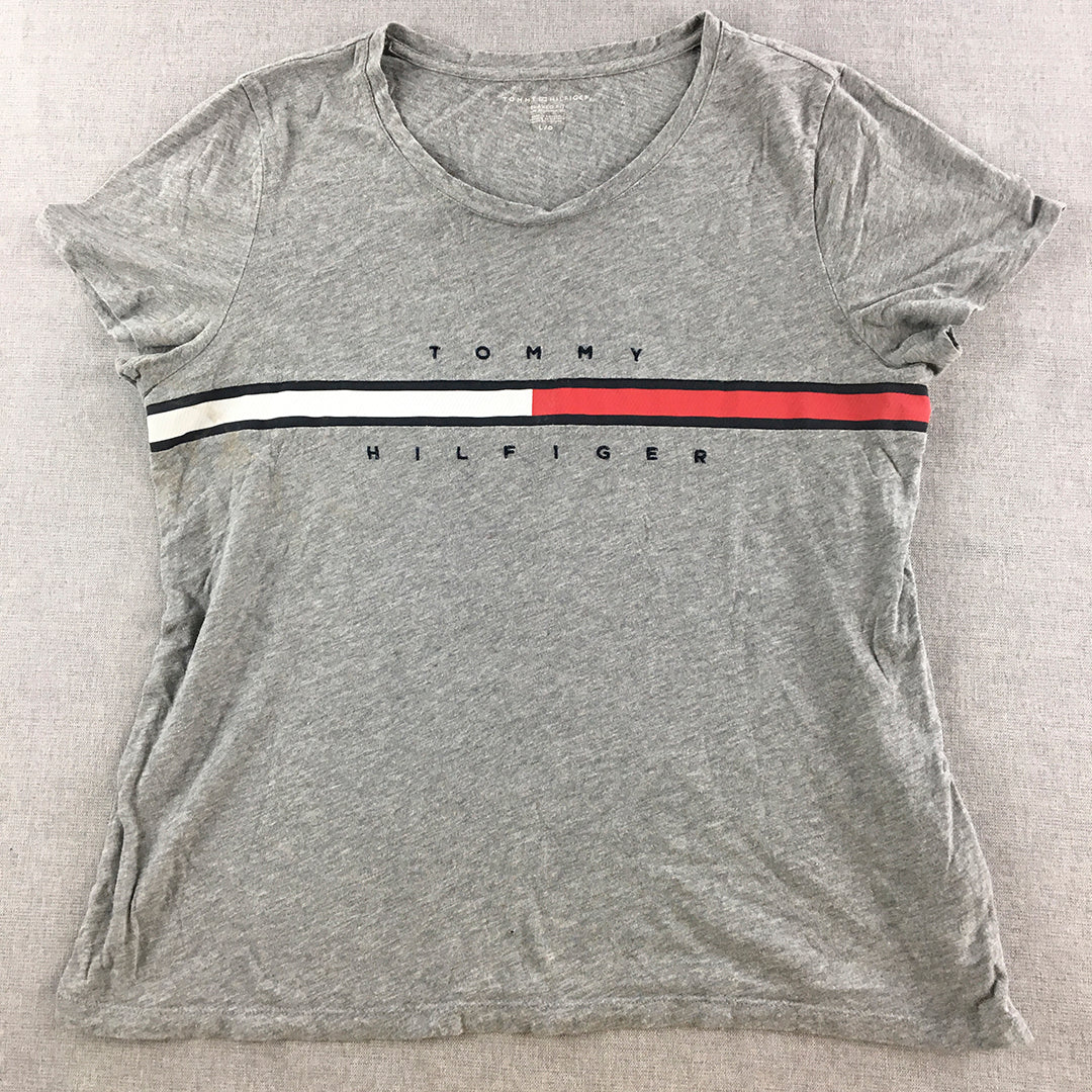 Tommy Hilfiger Womens T-Shirt Size L Grey Big Logo Relaxed Fit Top