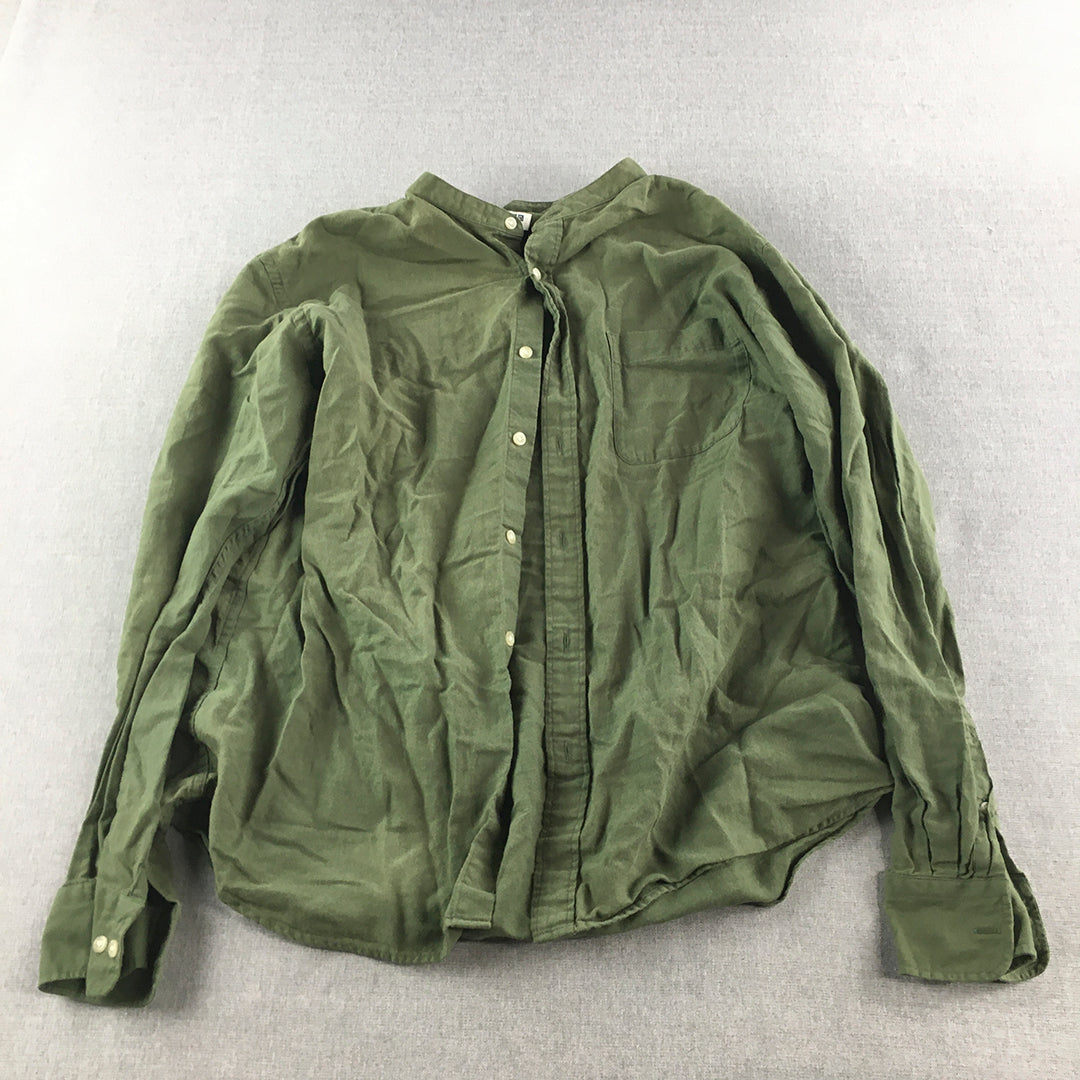 Uniqlo Womens Shirt Size 2XL Green Button-Up Collar-less Henley Long Sleeve