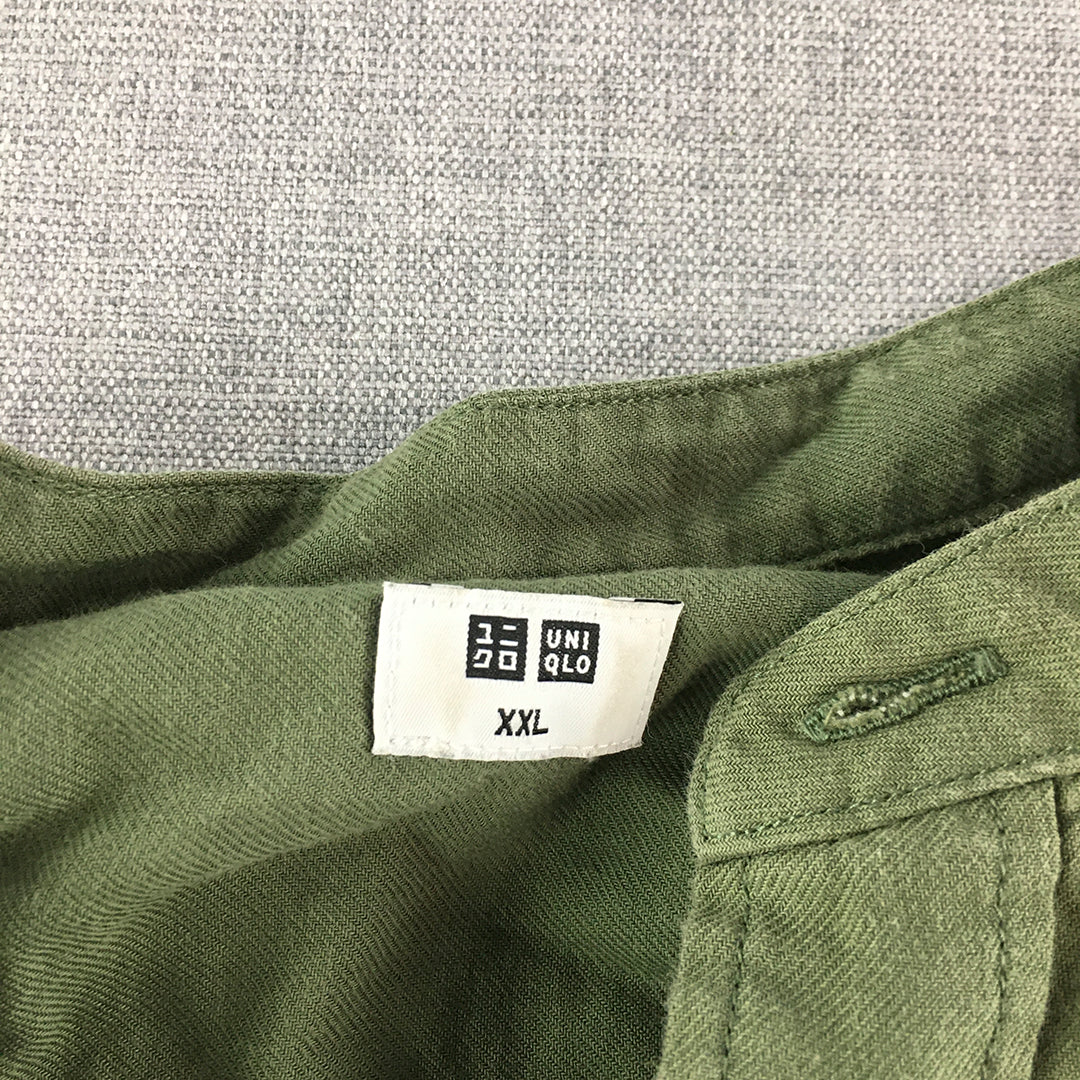 Uniqlo Womens Shirt Size 2XL Green Button-Up Collar-less Henley Long Sleeve