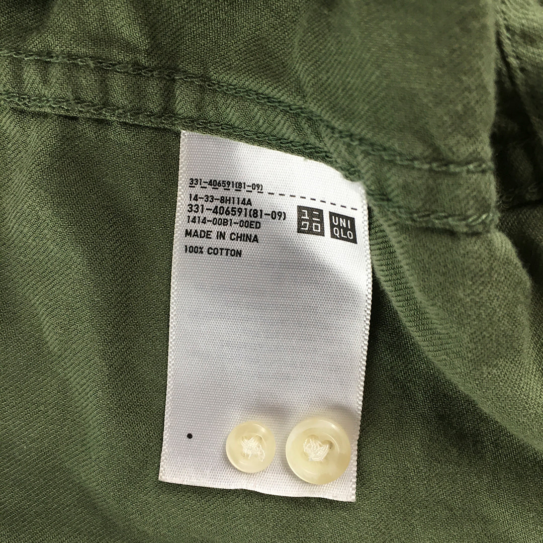 Uniqlo Womens Shirt Size 2XL Green Button-Up Collar-less Henley Long Sleeve